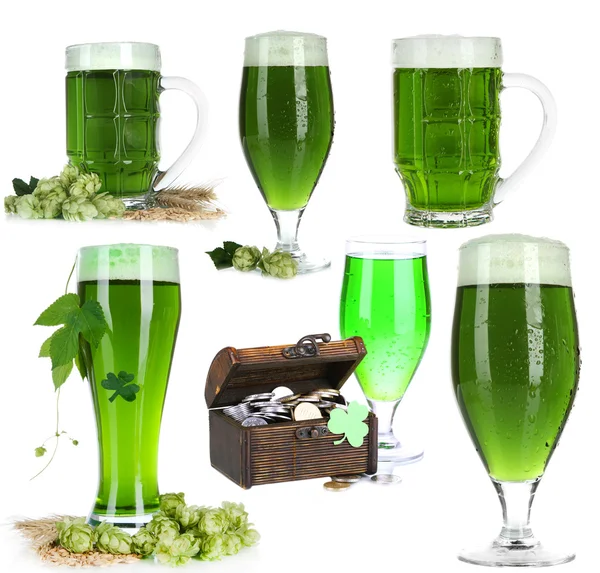 Collage di birra verde, isolato su bianco. San Patrizio — Foto Stock