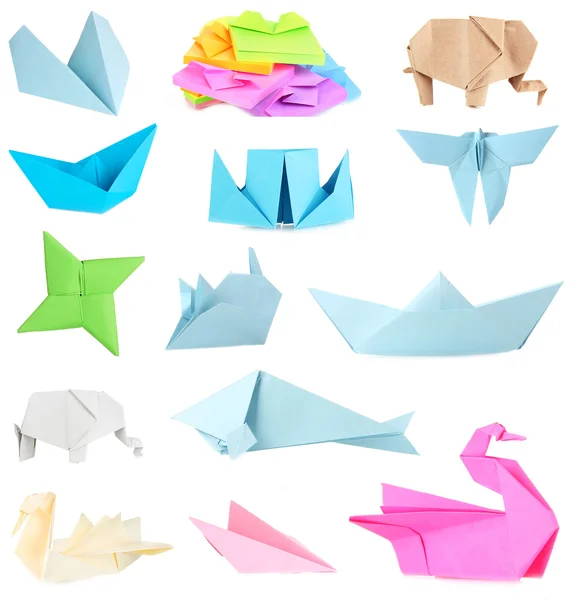 Collage van verschillende origami papier geïsoleerd op wit — Stockfoto