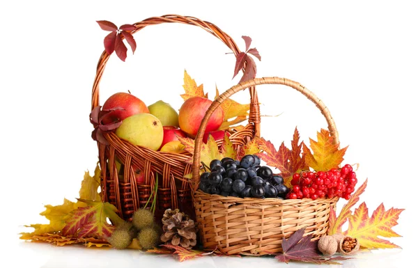 Beautiful autumn harvest in baskets and leaves isolated on white — Stock Photo, Image