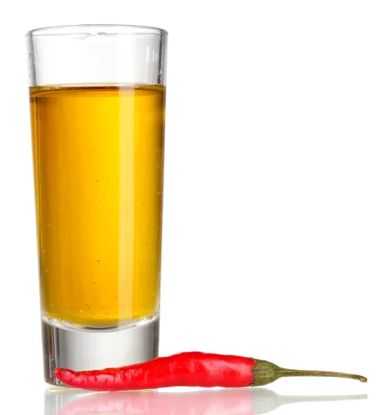 Glass of pepper vodka and red chili pepper isolated on white — Stock Photo, Image