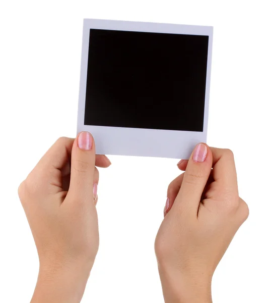 Bir fotoğraf kağıdı üzerine beyaz izole ellerinde — Stok fotoğraf