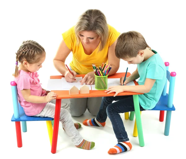 Little children drawing with mom isolated on white — Stock Photo, Image