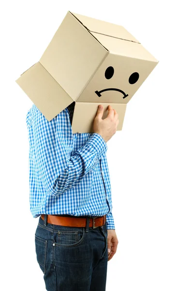 Man with cardboard box on his head isolated on white — Stock Photo, Image