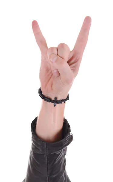 Hand of rocker in bracelet , isolated on white — Stock Photo, Image