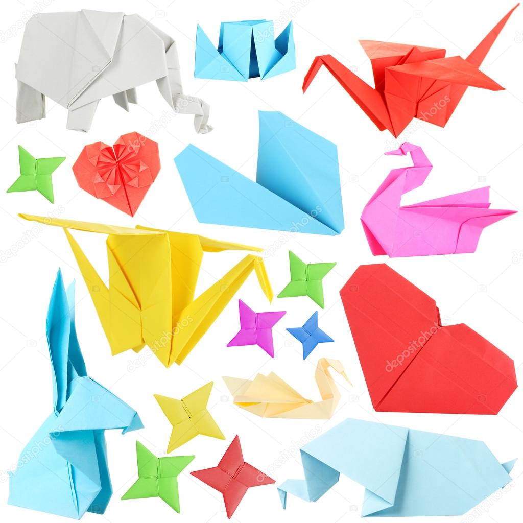 Collage of different origami papers isolated on white Stock Photo