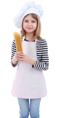 güzel küçük bir kız üzerinde beyaz izole spagetti holding