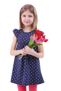 güzel küçük bir kız üzerinde beyaz izole buket holding