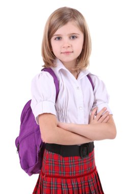 güzel küçük bir kız ile üzerine beyaz izole sırt çantası