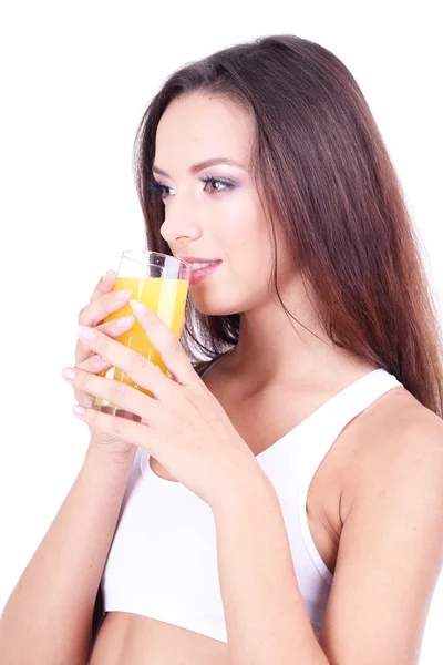 Beautiful girl with fresh juice isolated on white — Stock Photo, Image