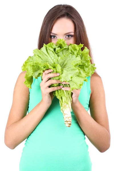 Belle fille avec salade fraîche isolé sur blanc — Photo