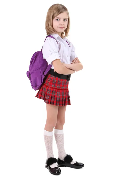 Beautiful little girl with backpack isolated on white — Stock Photo, Image