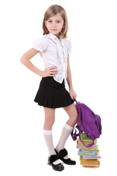 Beautiful little girl holding backpack isolated on white — Stock Photo, Image