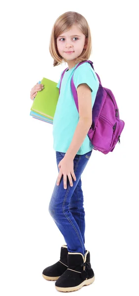 Menina bonita com mochila segurando livros isolados em branco — Fotografia de Stock