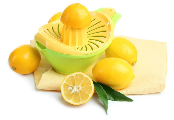 Citrus press and lemons isolated on white — Stock Photo, Image