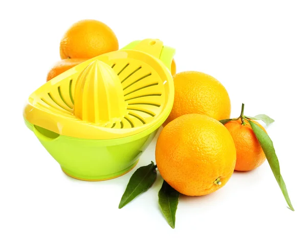 Citrus press and oranges isolated on white — Stock Photo, Image