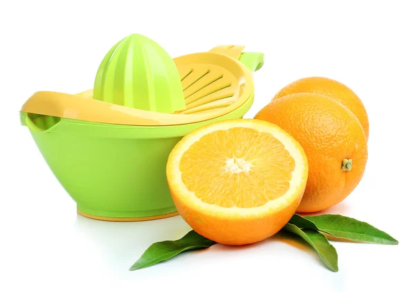 Citrus press and oranges isolated on white — Stock Photo, Image