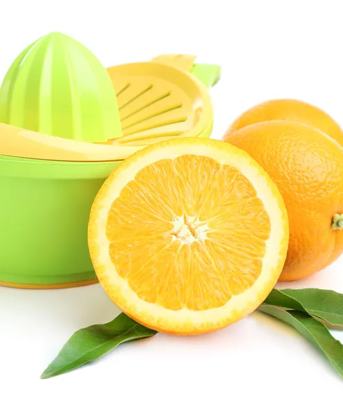 Citrus press and oranges isolated on white — Stock Photo, Image