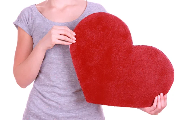 Mujer sosteniendo gran corazón rojo aislado en blanco —  Fotos de Stock