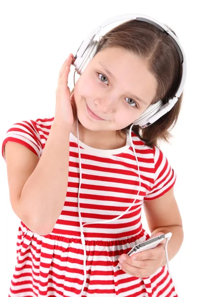 Menina bonita ouvindo música, isolado em branco — Fotografia de Stock