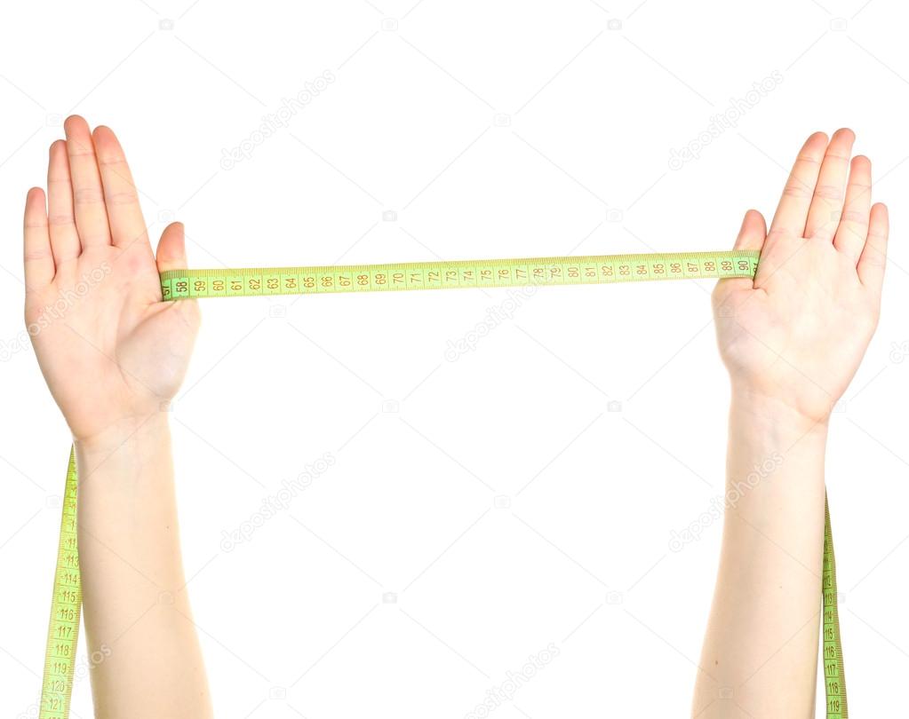 Woman hands with measuring tape isolated on white