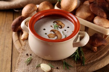 냄비, 자루 배경에 나무 테이블에 신선 하 고 말린 버섯, 버섯 수프와 구성