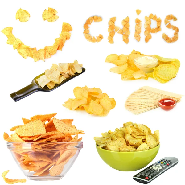 Collage of  tasty potato chips isolated on white — Stock Photo, Image