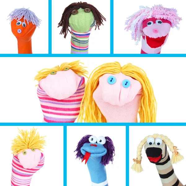 Collage of different funny sock puppets — Stock Photo, Image