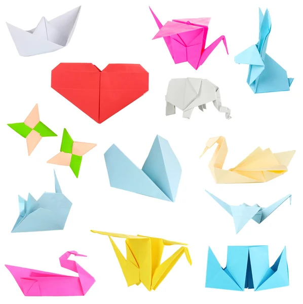 Collage de diferentes papeles de origami aislados en blanco —  Fotos de Stock
