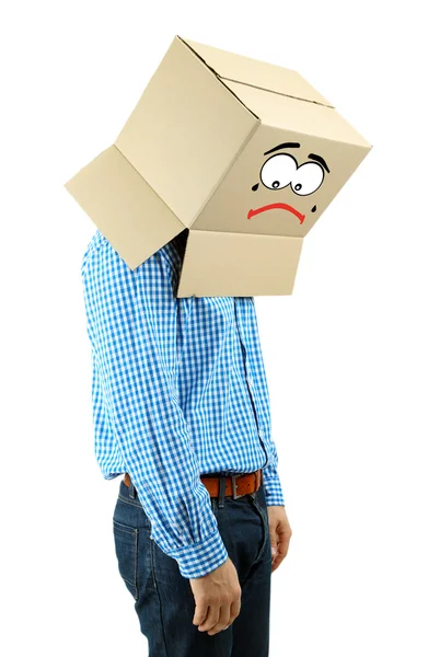 Man with cardboard box on his head isolated on white — Stock Photo, Image