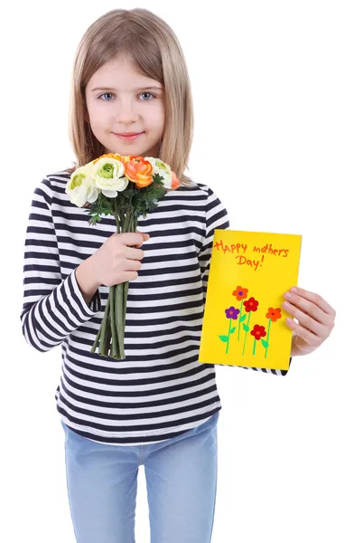 Beautiful little girl holding bouquet and card isolated on white — Stock Photo, Image