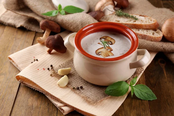 Houbová polévka v hrnci, na dřevěné pozadí — Stock fotografie