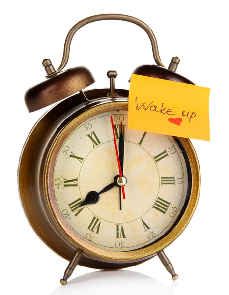 Reloj despertador con pegatina aislada en blanco —  Fotos de Stock