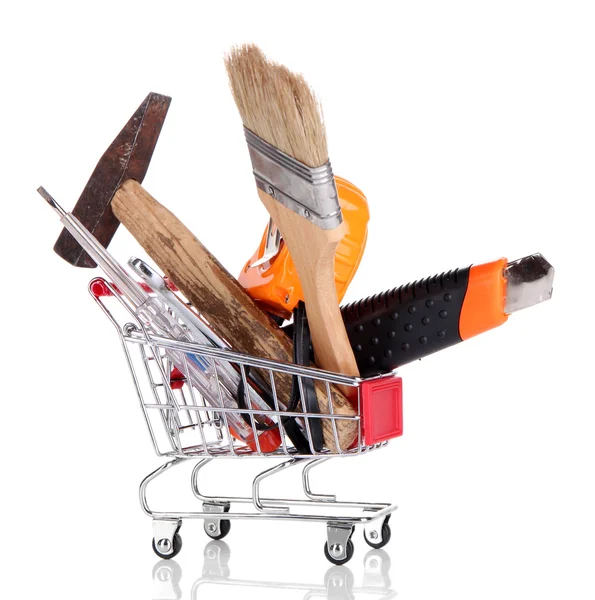 Construction tools in shopping cart isolated on white — Stock Photo, Image