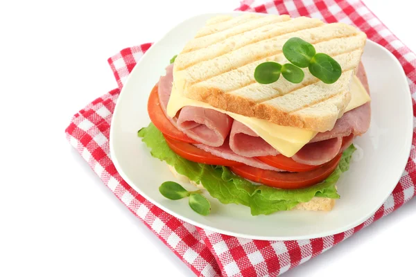 Gustoso panino con prosciutto, isolato su bianco — Foto Stock