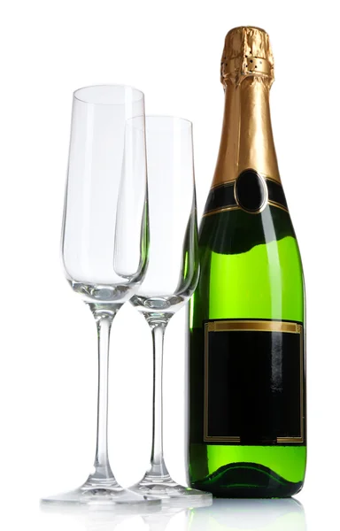 Fles champagne en lege glazen, geïsoleerd op wit — Stockfoto