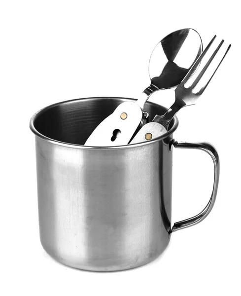 Metal mug, spoon and fork, isolated on white — Stock Photo, Image