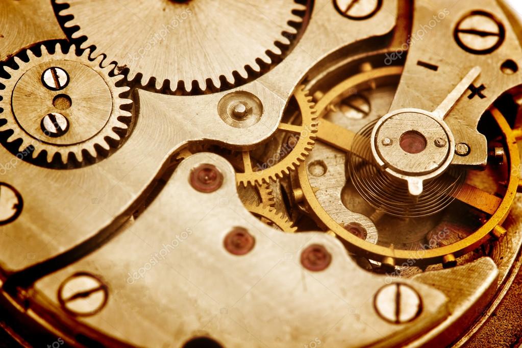 Clockwork details, pinions and wheels closeup — Stock Photo