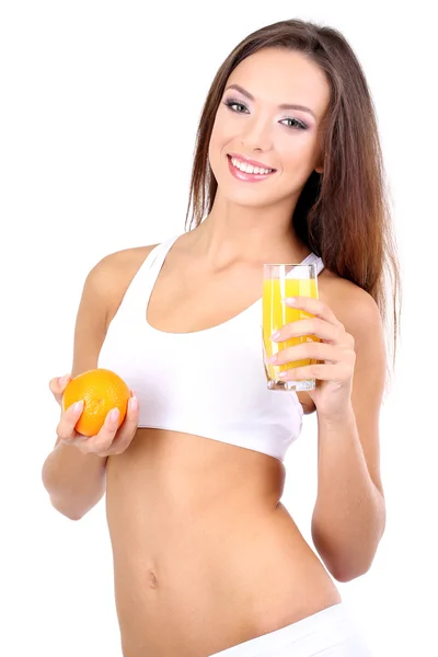 Menina bonita com suco fresco isolado no branco — Fotografia de Stock