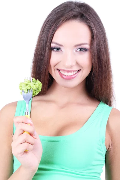 Menina bonita com salada fresca isolada em branco — Fotografia de Stock