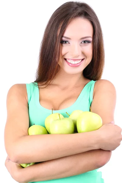 Belle jeune femme aux pommes vertes isolées sur blanc — Photo