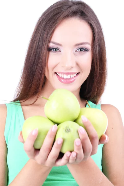 Hermosa joven con manzanas verdes aisladas en blanco — Foto de Stock