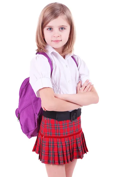 Belle petite fille avec sac à dos isolé sur blanc — Photo