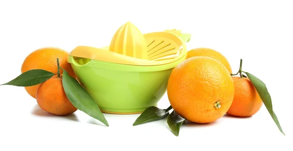 Citrus press and oranges isolated on white — Stock Photo, Image