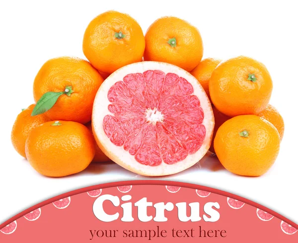 Reife süße Mandarinen und Grapefruit, isoliert auf weiß — Stockfoto