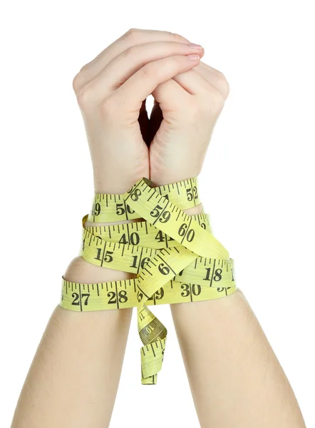 Woman hands with measuring tape isolated on white — Stock Photo, Image