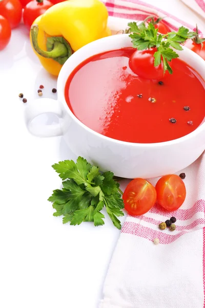 Tasty tomato soup and vegetables, isolated on white — Stock Photo, Image