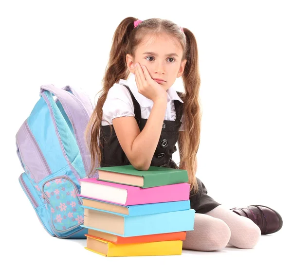 Szép kislány, könyvek és egy elszigetelt fehér hátizsák — Stock Fotó
