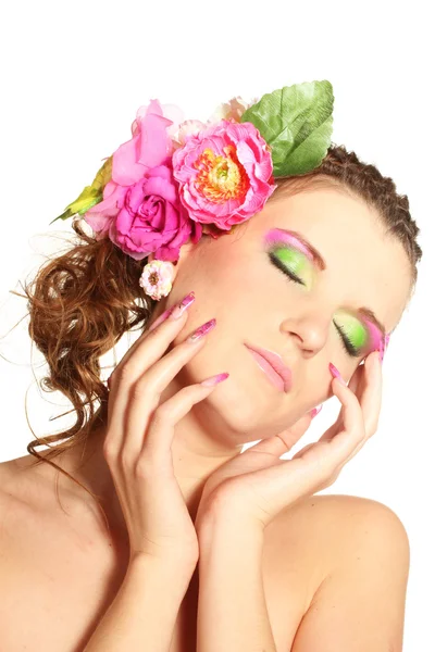 Menina bonita com flores em seu cabelo isolado no branco — Fotografia de Stock