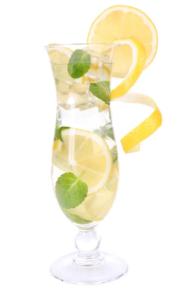 Glass of cocktail with lemon and mint isolated on white — Stock Photo, Image