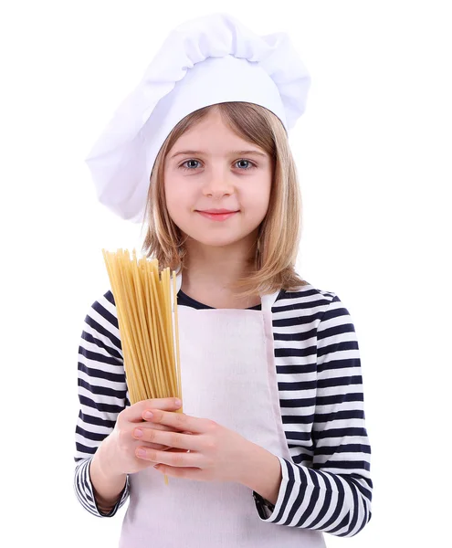 Beautiful little girl holding spaghetti isolated on white — Stock Photo, Image